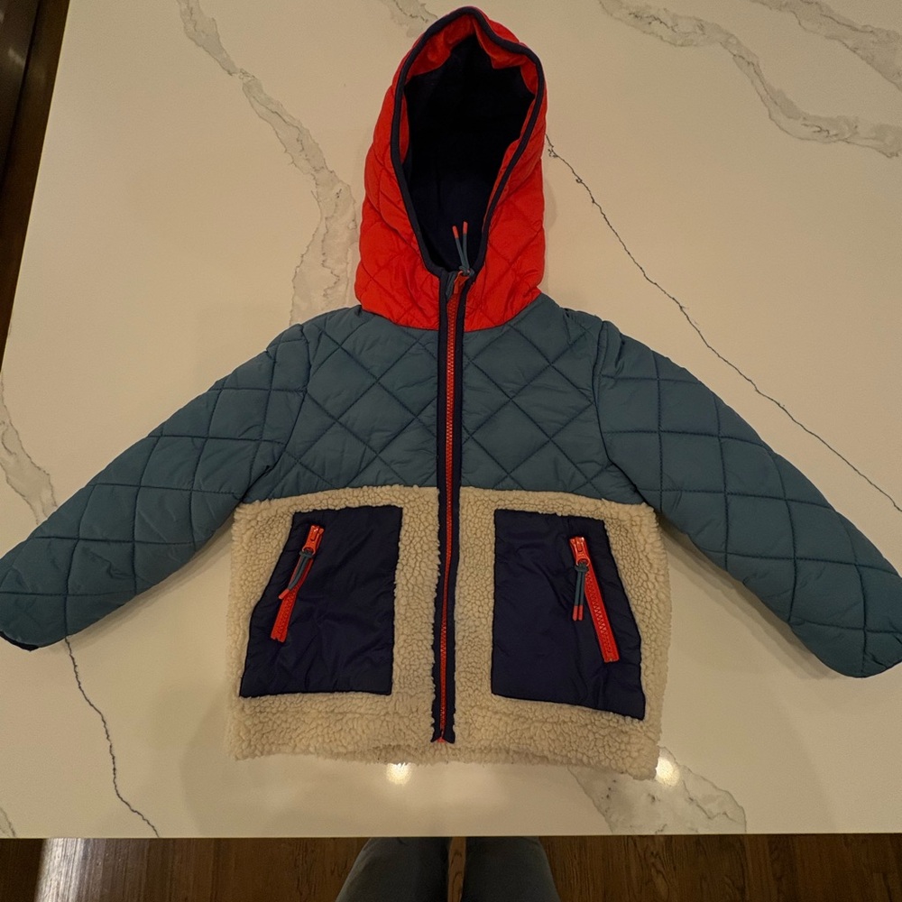 Mini Boden Kids Puffer Jacket - Red, Blue, Cream